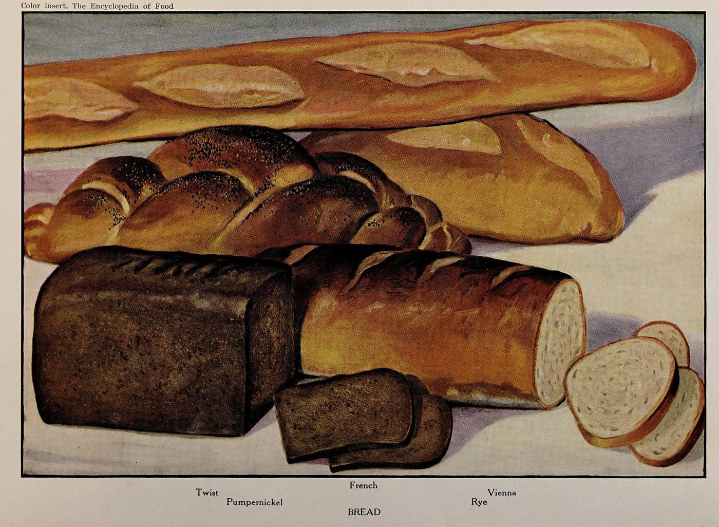 Painted plate of five breads: a long French loaf, a braided twist with poppy seeds, a Vienna loaf, a dark pumpernickel and a sliced rye